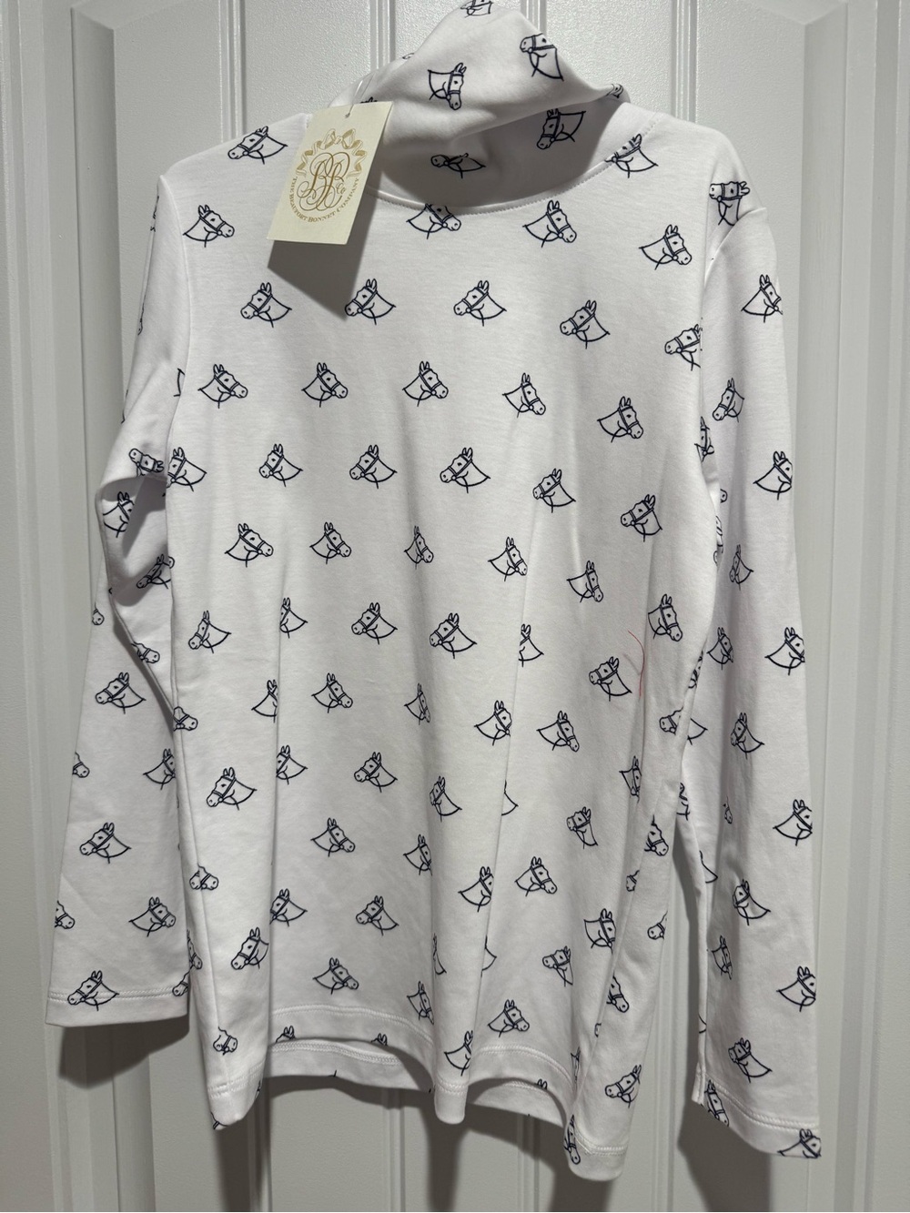 The Beaufort Bonnet Company White Long-Sleeve Turtleneck with Navy Horse Print